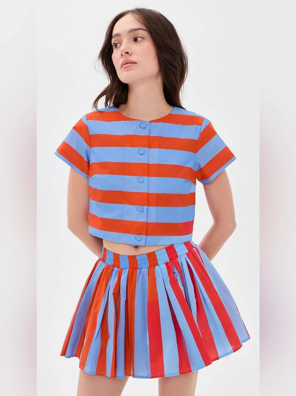 Line & Dot Striped Blue and Red Crop  Top (XS) Skirt (S) Set size S  Preloved